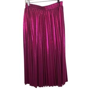 KIWI Pink Metallic Pleated Midi Skirt Elastic Waist Party Club Size M